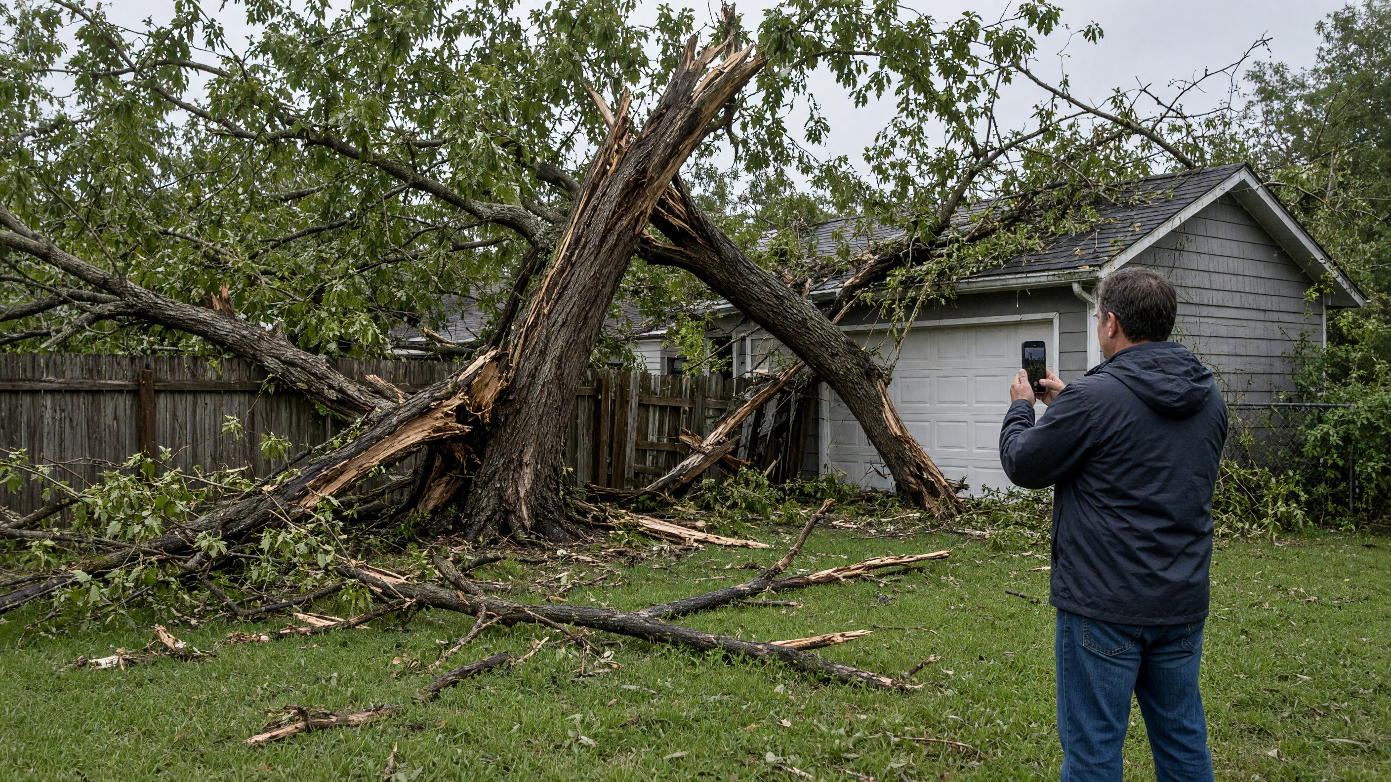 Storm-split tree trunk lying across a wooden privacy fence and the corner of a detached garage while a homeowner photographs the damage for an insurance claim