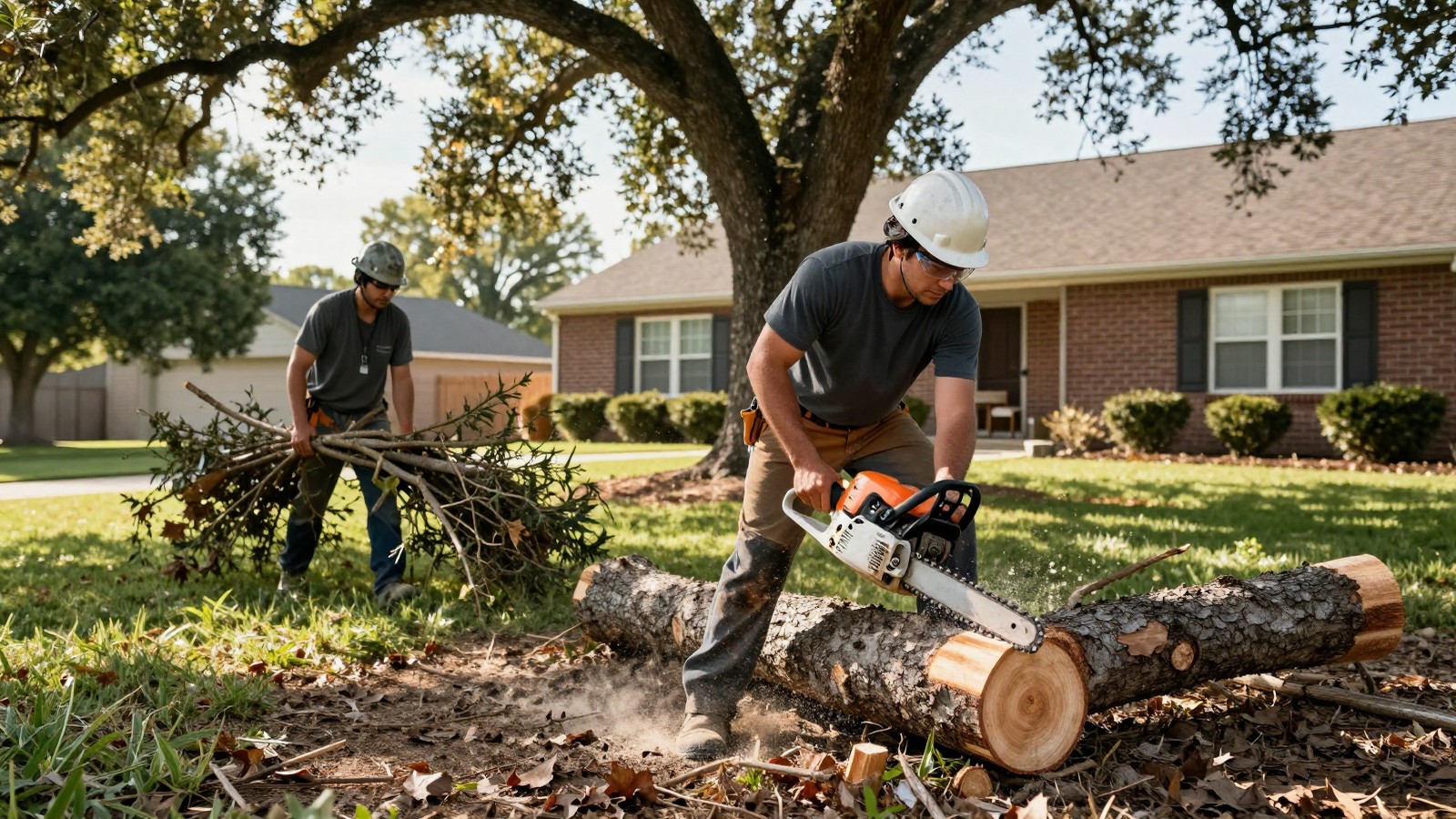 Two-person Texas tree crew cutting a felled oak into rounds with a chainsaw in a suburban yard